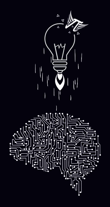 Back illustration in detail - a lightbulb with wings rocketing away from a brain drawn as a circuit board