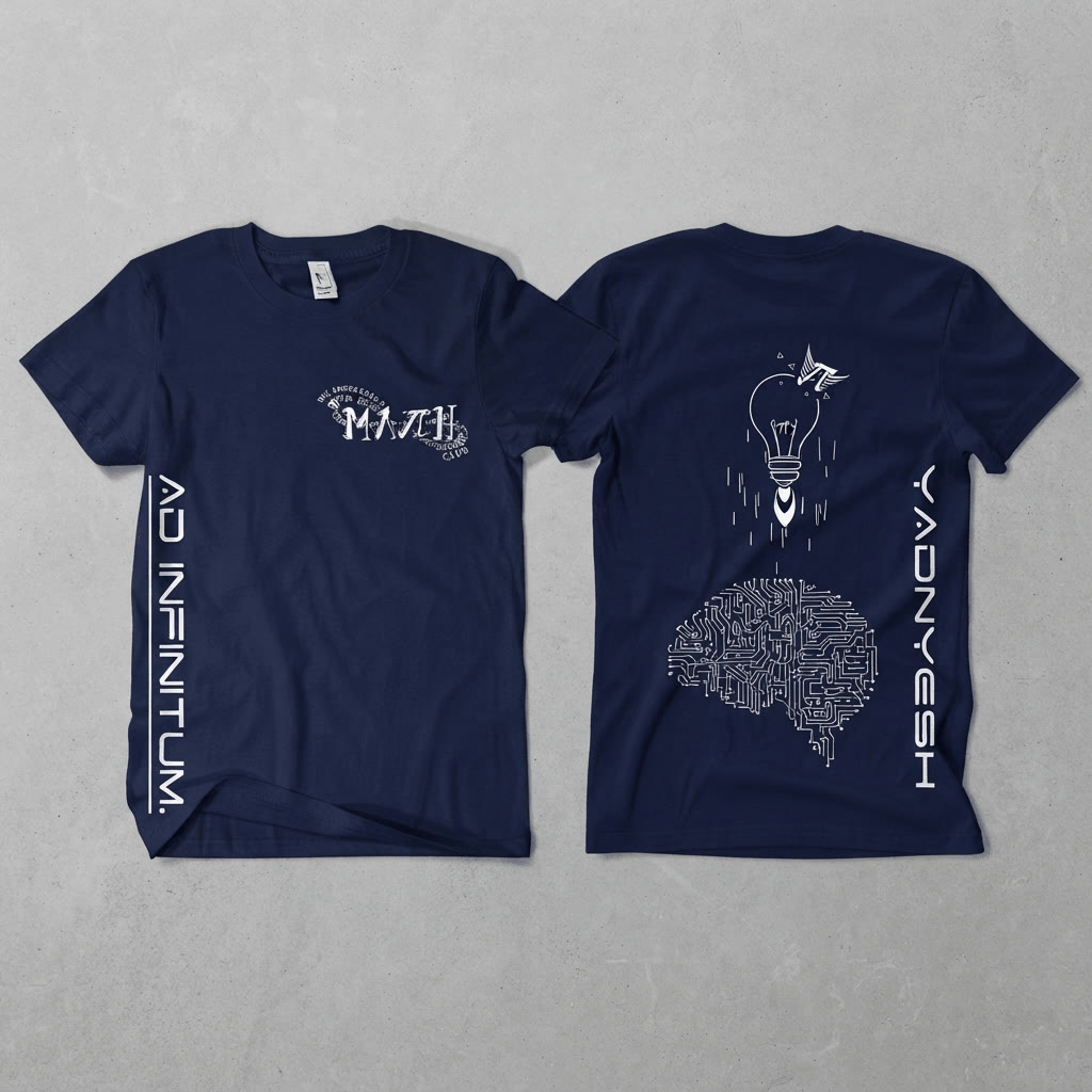 Bhaskaracharya Math Club member t-shirt, front and back - chest logo with AD INFINITUM sleeve lettering, and a lightbulb rocketing off a circuit-board brain